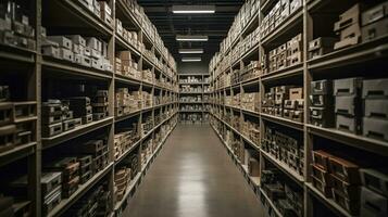 Rows Of Shelves With Boxes In Warehouse, generative ai photo