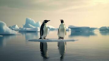 Two penguins stand on melting ice in Arctic Ocean global warming concept, world global planet climate change. Generative AI photo