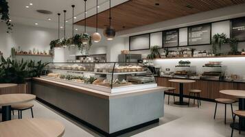 A modern and minimalist food court with a focus on health and wellness. Feature fresh and wholesome ingredients, with a range of vegan, gluten-free, and paleo options. Generative AI photo