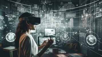 woman wearing a VR headset and holding a controller, immersed in a virtual environment that she is creating. be surrounded by images of the tools she's using to create her virtual world, generative ai photo