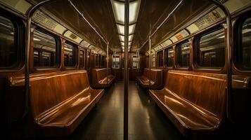 A subway car filled with lots of wooden benches, AI Generative photo