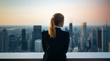 Business woman looks at the city of skyscrapers from the office, view from the back, unrecognizable face. Generative AI photo