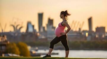 Stretching Serenity for the Expecting Mother after workout. Generative AI photo