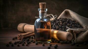 Essential oil of clove rustic . Close up glass bottle of clove oil and cloves in wooden shovel on burlap sack. Generative ai photo