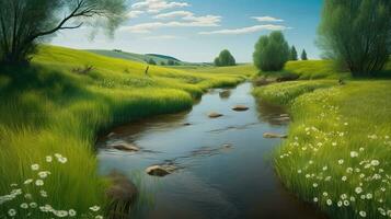 A river running through a lush green field. Generative AI photo