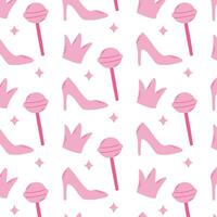 Seamless pattern barbicore. Vector illustration. Pink print with shoes, crown, lollipop.