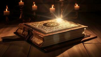 Biblia, brillante santo Biblia en el de madera mesa. generativo ai foto