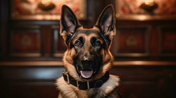 un Servicio perro de el alemán pastor raza en un policía uniforme. policía perro. oledor perro. generativo ai foto