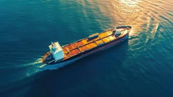 Aerial view of industrial crude oil and fuel tanker ship cruising deep blue open ocean sea. Generative Ai photo