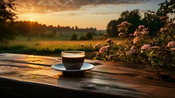 un taza de delicioso café en un de madera mesa en contra el fondo de naturaleza a puesta de sol foto