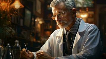 Old male doctor in a white coat in a hospital, medicine and healthcare concept photo