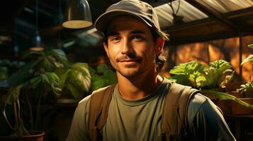 Handsome male farmer in greenhouse with green plants and vegetables photo