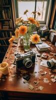 ai generativo diario cuadernos y Clásico película cámara con flores maceta en de madera mesa foto