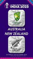 Austrália vs Novo zelândia Combine dentro cc masculino Grilo Copa do Mundo Índia 2023, vertical status vídeo, 3d Renderização video