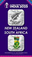 nuevo Zelanda vs sur África partido en icc de los hombres Grillo Copa Mundial India 2023, vertical estado video, 3d representación video