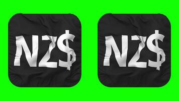 New Zealand Dollar Currency Icon Cloth Waving in Squire Shape Isolated with Plain and Bump Texture, 3D Rendering, Green Screen, Alpha Matte video