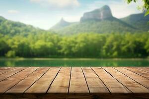 AI Generative Wooden Table surface with nature background photo