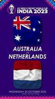 Australia vs Holanda partido en icc de los hombres Grillo Copa Mundial India 2023, vertical estado video, 3d representación video