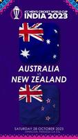 Austrália vs Novo zelândia Combine dentro cc masculino Grilo Copa do Mundo Índia 2023, vertical status vídeo, 3d Renderização video