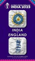Índia vs Inglaterra Combine dentro cc masculino Grilo Copa do Mundo Índia 2023, vertical status vídeo, 3d Renderização video
