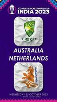 Australien mot Nederländerna match i icc herr- cricket världscupen Indien 2023, vertikal status video, 3d tolkning video