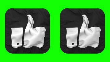 pollice icona stoffa senza soluzione di continuità loop agitando nel scudiero forma isolato con pianura e urto struttura, 3d rendering, verde schermo, alfa Opaco video