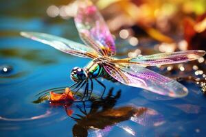 un libélula flotando terminado un magnífico lago foto