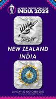 nuevo Zelanda vs India partido en icc de los hombres Grillo Copa Mundial India 2023, vertical estado video, 3d representación video