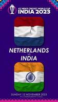 Nederländerna mot Indien match i icc herr- cricket världscupen Indien 2023, vertikal status video, 3d tolkning video