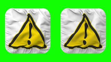 Warning Caution Icon Cloth Seamless Looped Waving in Squire Shape Isolated with Plain and Bump Texture, 3D Rendering, Green Screen, Alpha Matte video