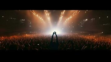 Silhouette of concert crowd in front of bright stage lights. Dark background, smoke, concert spotlights, disco ball. Crowd at Concert. Generative Ai photo