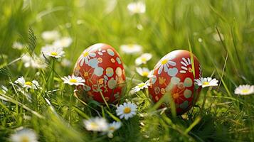 Three decorated easter eggs in the grass with daisies. Easter eggs. Generative Ai photo