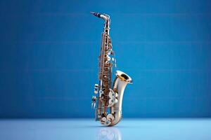 Saxophone isolated on blue background. Music concept. Generative Ai photo