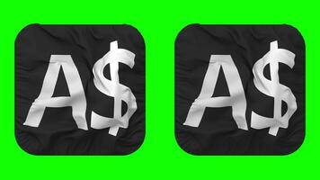 Australian Dollar Currency Icon Cloth Waving in Squire Shape Isolated with Plain and Bump Texture, 3D Rendering, Green Screen, Alpha Matte video