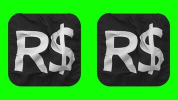 Brazilian Real Currency Icon Cloth Waving in Squire Shape Isolated with Plain and Bump Texture, 3D Rendering, Green Screen, Alpha Matte video