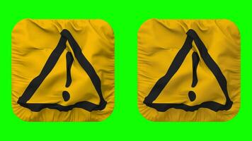 Warning Caution Icon Cloth Seamless Looped Waving in Squire Shape Isolated with Plain and Bump Texture, 3D Rendering, Green Screen, Alpha Matte video