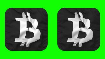 bitcoin devise icône tissu agitant dans écuyer forme isolé avec plaine et bosse texture, 3d le rendu, vert filtrer, alpha mat video