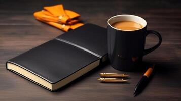 ai generativo cuaderno y negro café en de madera mesa foto