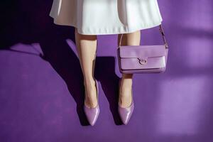 Beautiful slender women's legs, luxury handbag, skirt photo