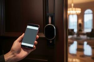 Hotel door security unlocking by application on mobile phone. photo