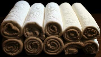 Rolled and prepared towels for guest use. photo