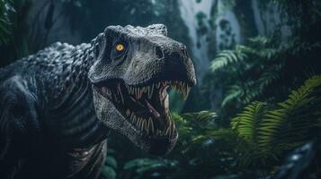 A Tyrannosaurus rex dinosaur hunting at night in the jungle. Tyrannosaurus rex. Generative Ai photo