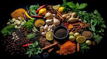 Variety of spices and herbs on black background. Generative Ai photo