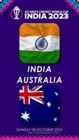Indien mot Australien match i icc herr- cricket världscupen Indien 2023, vertikal status video, 3d tolkning video