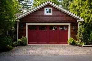 rojo garaje puerta con un entrada de coches en frente. foto