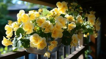 Yellow begonia flowers growing on balcony. photo