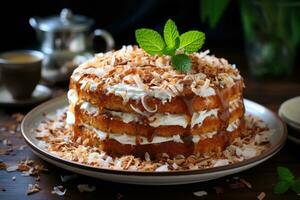 Whole coconut cake on tplate photo