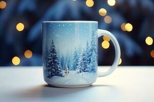 decorado Navidad café jarra con invierno bosque paisaje y nieve. foto