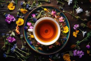 Tea with herbs and flowers in a cup top view. photo