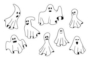 Doodle collection of hand drawn outline ghosts. Sketch design for Halloween. Black sketch cartoon elements on white background. Good for coloring pages, stickers, tatoo. vector